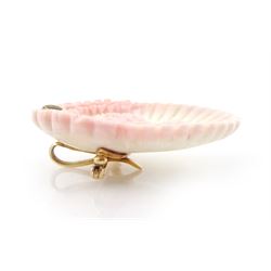 19th century gold conch shell pendant / brooch and matching earrings, each with carved bust shell of a cherub / child and flower head decoration, the earrings suspending a further flower head stud