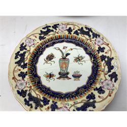 Four mid 19th century Mason's Ironstone plates decorated in the Chinese Antiquities pattern, the central circular panel decorated with footed vase with stylised motifs within a floral border, with gilt detail, pattern no. 1438, largest D26cm, together with Royal Worcester plate with floral decoration within green borders, blue and white tankard with pewter lid and teapot, teapot
