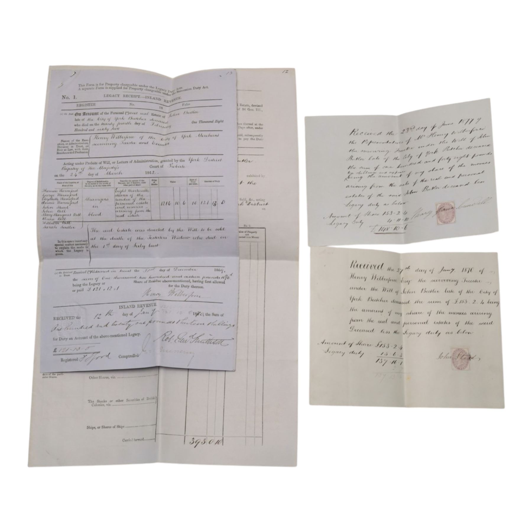 York interest - collection of 18th and 19th century vellum indentures, wills, probate documents and related papers concerning central York properties, streets and residents, including Micklegate, The Shambles, Bootham, Fishergate, Walmgate, Monkgate and Goodramgate, with probate of John Ealand, formerly of The Shambles, York, butcher, later of Swan Street, Nunnery Lane, probate of Roger Iddison of No.8 Portland Street, York, auctioneer, probate of Eliza Nottingham of Bootham Asylum, formerly of St Paul’s Square, together with documents relating to butchers, farmers, tradespeople and York families, many retaining original seals and stamps, in one box