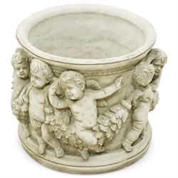 Pair of modern cast stone garden planters, circular tapering bodies moulded with cherubs in high relief among foliage and fruiting vines, in a weathered stone finish
