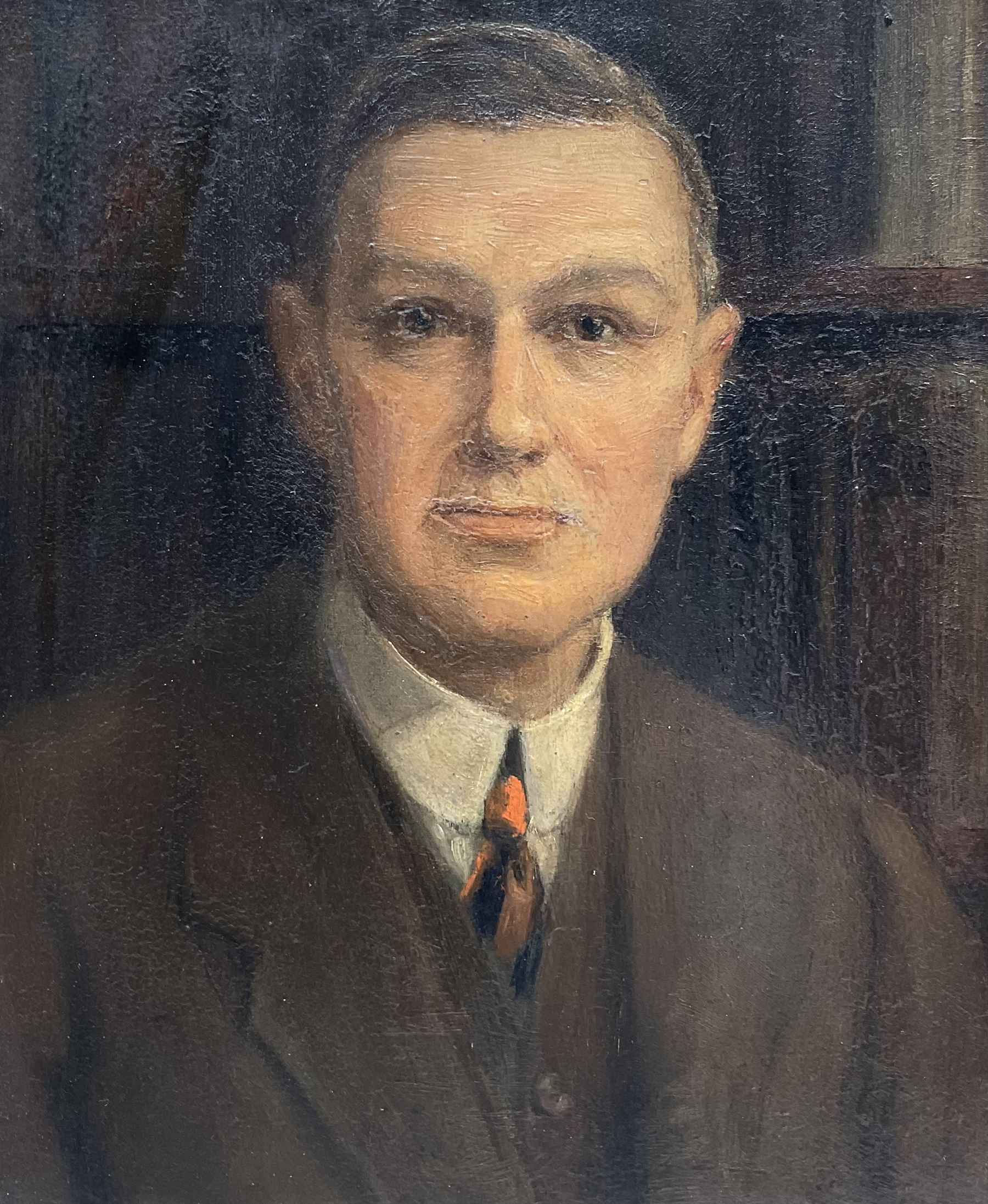 Mary Hill (British 1870-1947): Portrait of 'John Percival Hill Esq', oil on panel signed with initials and dated 1926, titled verso 24cm x 20cm 