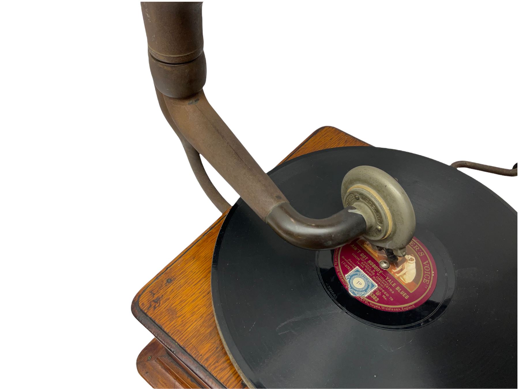 Early 20th century oak cased gramophone, the motor marked 'Garrard No.20 REF No.1030', with ribbed oak horn, base 30cm square; with one 78rpm record and Columbia tin of needles