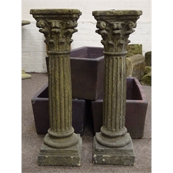  Pair stone effect Corinthian style pedestal stands, acanthus leaf capitals on fluted columns, stepped bases, H92cm  