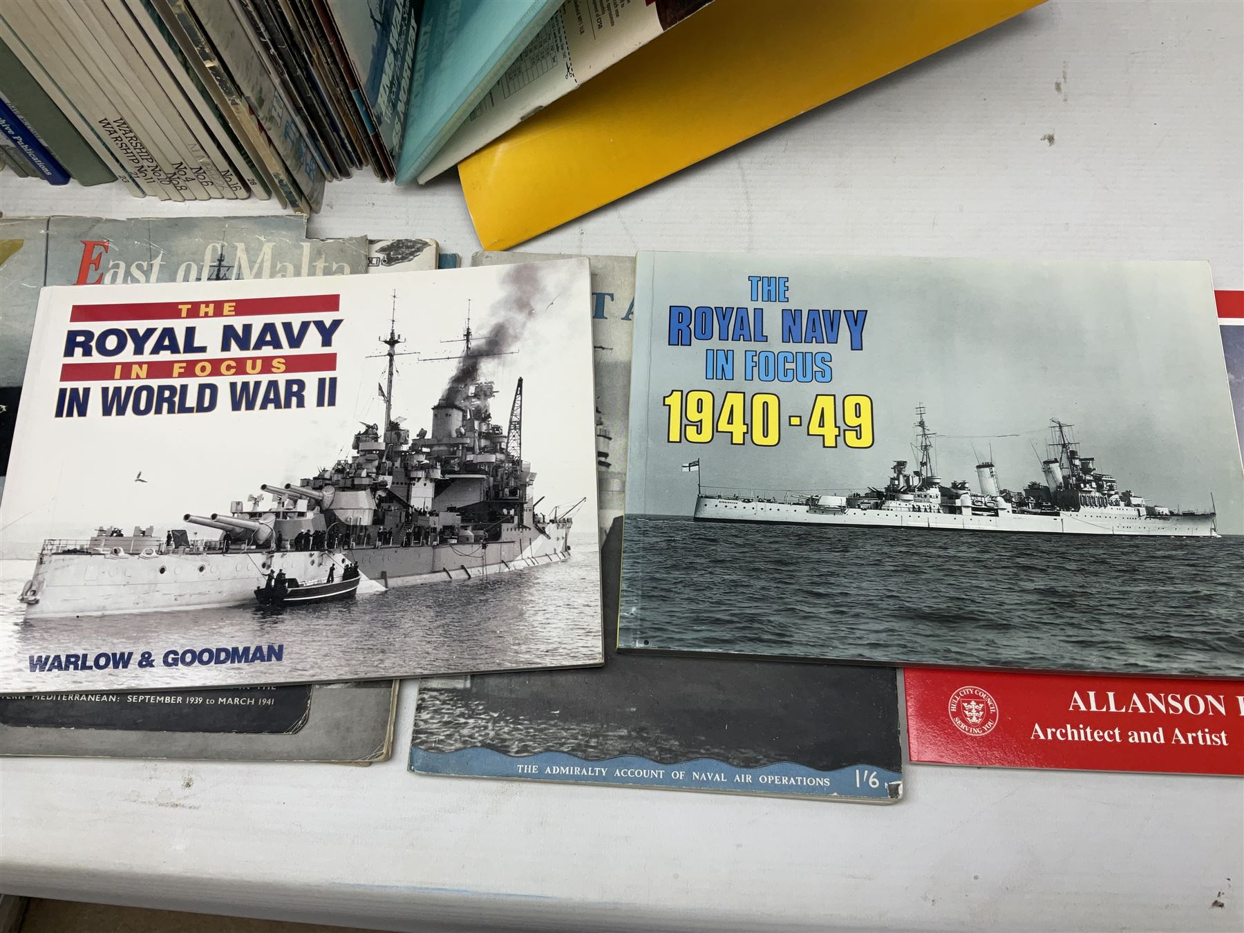 Six Atlas Editions ring binders of Warships Maxi Cards; and large quantity of booklets, cigarette cards etc of naval and shipping interest