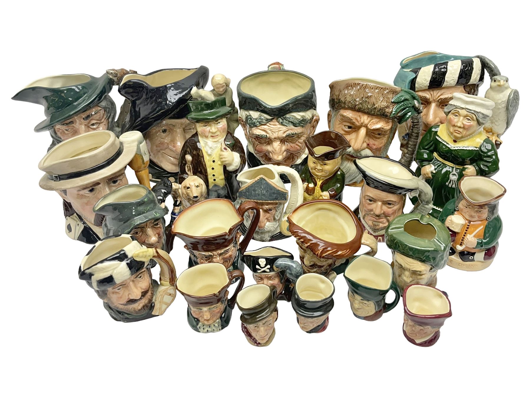 Large collection of Royal Doulton character jugs, to include Robinson Crusoe D6532, Tam O Shanter D6632, The Falconer D6533 etc, together with similar charater jugs and toby jugs   