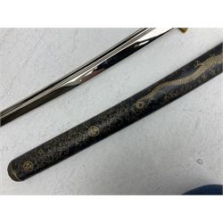 Reproduction Japanese katana with 63cm slightly curving fullered steel blade, ornate tsuba, cord bound grip and gilt transferred black saya L92cm; and two fencing foils, one marked Leon Paul (3)