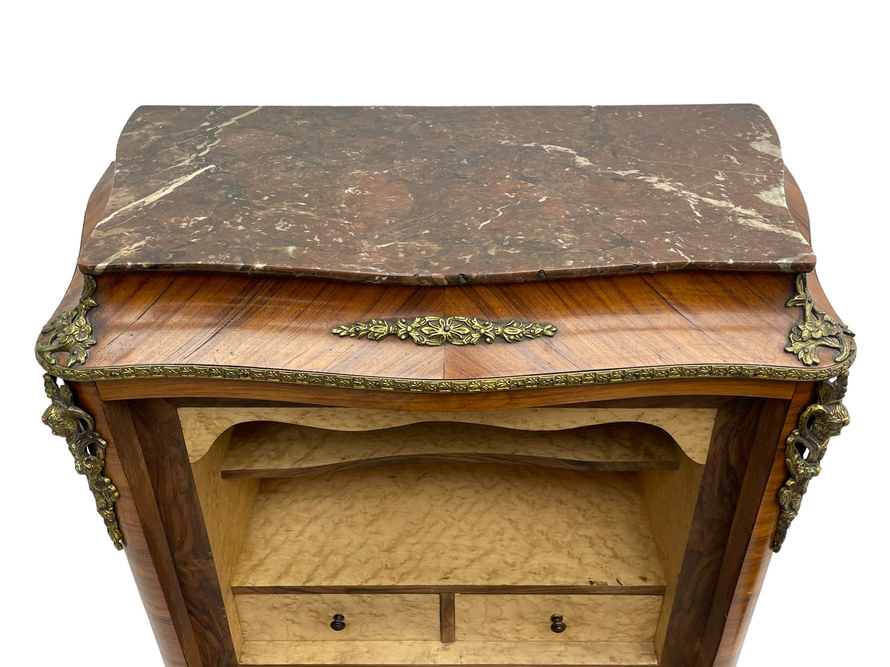 Mid-20th century Louis XVI design Kingwood and walnut secretaire à Abattant, shaped serpentine form with dark rouge variegated marble top, the fall front disguised as three drawers enclosing birdseye maple interior with shelf, drawers and writing surface, four functioning drawers below, decorated with cast gilt metal mouldings and mask cartouches, on skirted base with egg and dart moulded gilt metal edge
