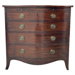 George III mahogany serpentine bachelor's chest, the shaped crossbanded top with ebony and satinwood stringing, fitted with a brushing slide over four graduating cock-beaded drawers, the facias with oval pressed brass handle plates, shaped apron over splayed feet