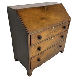 George III mahogany bureau, the fall front enclosing interior fitted with pigeon holes, drawers and cupboard, three graduating drawers below, with ivory escutcheons, shaped apron on bracket feet 

This item has been registered for sale under Section 10 of the APHA Ivory Act
