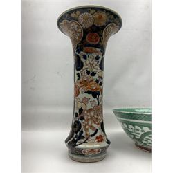 Imari fluted trumpet vase, decorated with peonies and foo dogs, together with famille green bowl, decorated with dragons amongst clouds, vase H39cm
