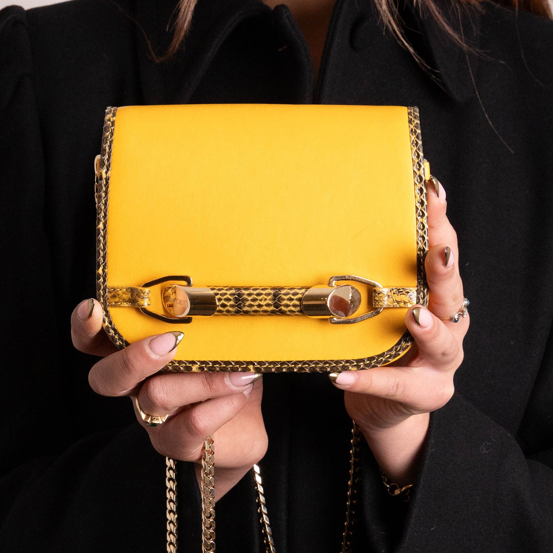 Jimmy Choo - ‘Shadow’ Mini Bag, introduced circa 2016, in mustard yellow leather with python trim and gold-tone chain shoulder or crossbody strap and hardware, unused with original dust bag