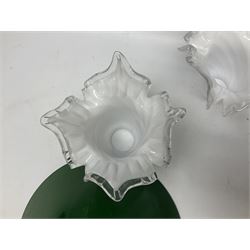 Milk glass lampshade decorated with peacocks, together with a Tiffany style lampshade, a set of five white frilled lamps shades etc 