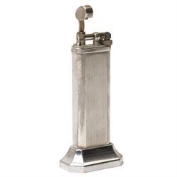 Dunhill - tallboy table lighter, silver-plate with reeded decoration and engine-turned body, on octagonal stepped base H10cm 