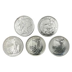 Five Queen Elizabeth II United Kingdom one ounce fine silver Britannia two pound coins dated 2002, 2003, 2004, 2005 and 2006