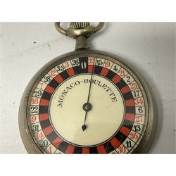Early 20th century novelty Monaco roulette wheel, with enamel dial in pocket watch case 