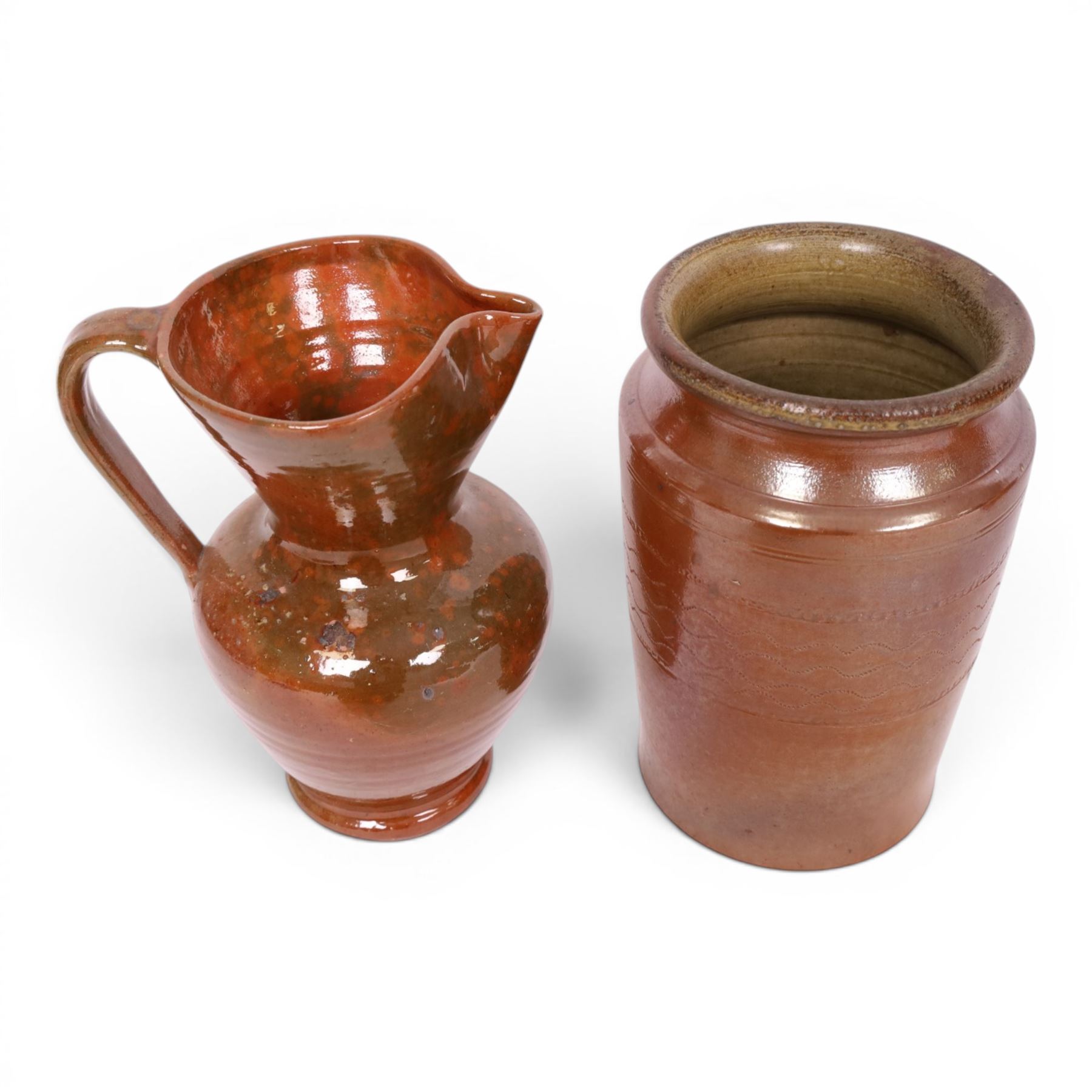 Two twin handled Spanish terracotta pots, together with terracotta pitcher and three similar, largest H35cm 