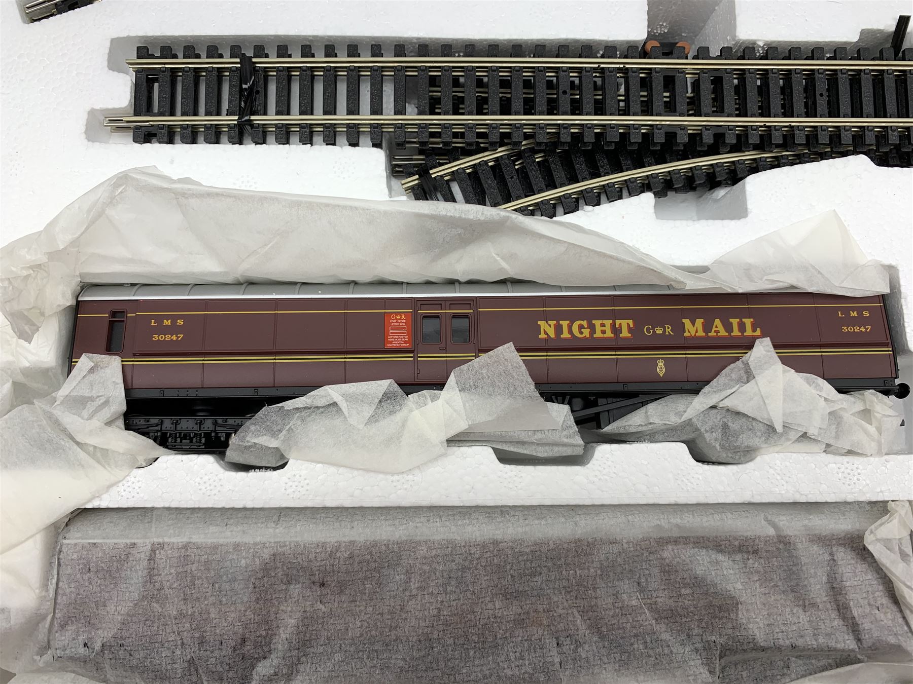 Hornby '00' gauge - electric Mail Train set with 0-6-0 tank locomotive No.7414, travelling post office and brake coach; boxed with Trakmat and paperwork
