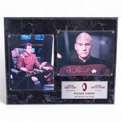Star Trek Generations 'Two Captains, One Destiny' William Shatner (Captain James T Kirk) and Patrick Stewart (Captain Jean Luc Pickard) limited edition signed photographs, on wooden display board with plaque, limited edition no. 39/995, together with a framed Kate Mulgrew (Captain Janeway) signed photograph, tallest frame H42cm