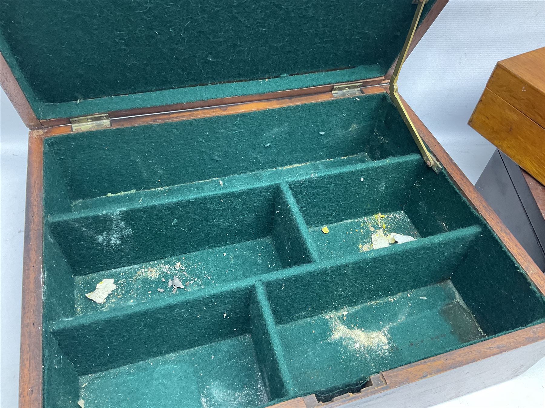 Collection of 19th century and later boxes for restoration, to include a mother of pearl inlay example, oak canteen, large mahogany example etc