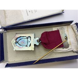 Collection of Masonic items, to include silver WWI 1914-1918 commemorative medallion named 'Bro J. Thompson No. 3458, hallmarked Birmingham 1923, silver and enamelled Masonic Steward medallion hallmarked Birmingham Spencer & Co, 1922, Masonic apron etc