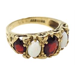 9ct gold oval opal and garnet five stone ring, hallmarked