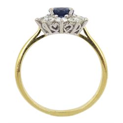 18ct gold oval sapphire and round brilliant cut diamond cluster ring, hallmarked, sapphire approx 1.40 carat, total diamond weight 0.98 carat