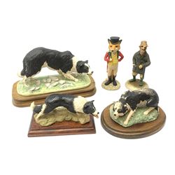 A Border Fine Arts model of a Border Collie, by Elizabeth Waugh, a Sherratt and Simpson model of a Border Collie, and an Aynsley Master Craft model of a Border Collie, plus two further figures, one modelled as a fox is riding jacket, the other as a dog with shotgun. 