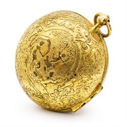 18th century French open face gilt verge fusee pocket watch by Jacques Panier, Paris, Egyptian pillars and pierced balance cock, embossed gilt dial with enamelled Roman numerals cartouches and inner enamel quarter hour track ring, the repousse back case decorated with angels in a classical setting