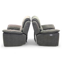 Oak Furnitureland - charcoal fabric electric recliner suite, comprising three-seat sofa and two matching armchairs, each with power reclining mechanism and integrated USB-A charging socket, upholstered in soft charcoal grey fabric with pillow arms and split back cushions

Armchairs W 100, D 82, H 104cm
Sofa W 230cm, D 82cm, H 104cm