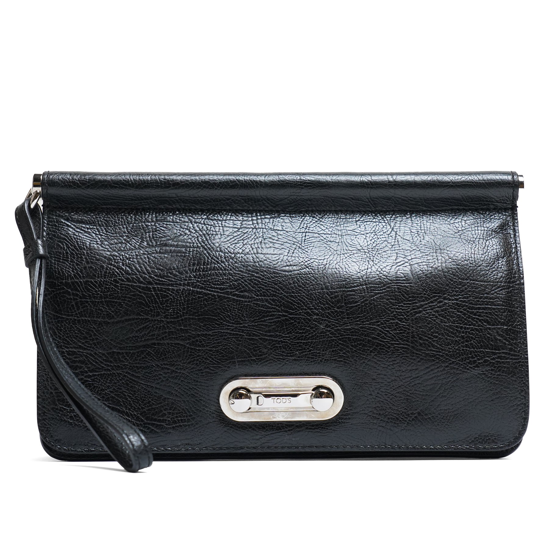 Tod’s - Fashion Pochette Piccola in Nero crinkled patent leather, the rectangular body with rolled-bar top, detachable wrist strap, flap front and silver-tone branded toggle fastening, with original product tag and dust bag