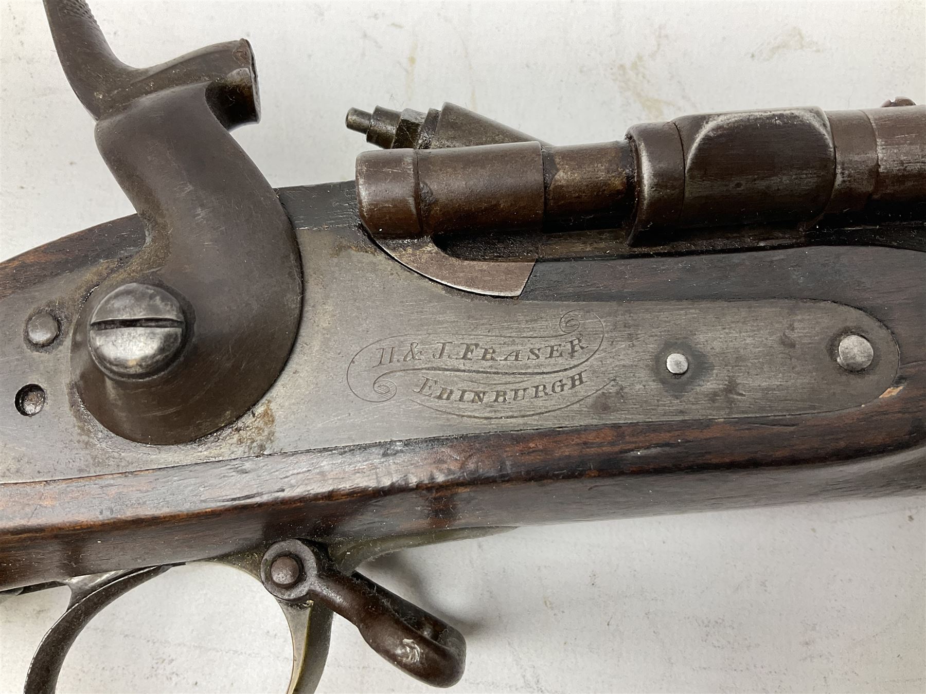 19th century D. & J. Fraser Edinburgh .577 Snider action gun, the 94cm barrel with three-groove rifling, three barrel bands and maker's name to top, full walnut stock with brass fittings, trigger guard inscribed J.D.M.,  L141cm