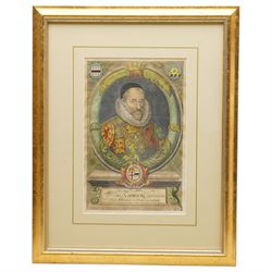 Robert White (British 1645-1703): Frontispiece for 'Camden's Britannia' by William Camden Clarenceaux depicting a portrait of Camden, late 17th century engraving with hand-colouring pub. 1695, 31cm x 20cm