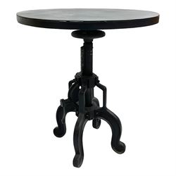 Industrial steel adjustable occasional or bar table, circular top over revolving screw action, raised on four cabriole supports with turning handle to adjust height