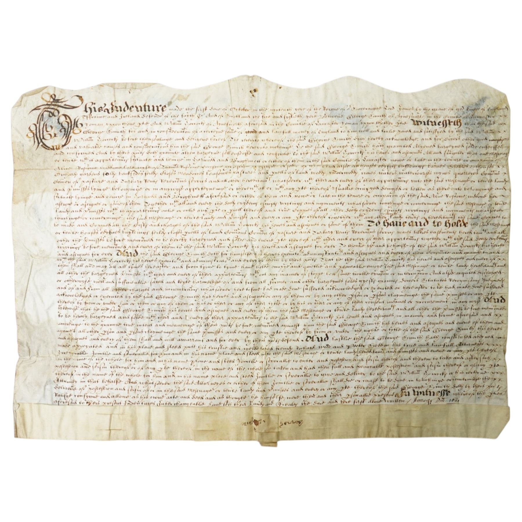 Two pages of 16th century German text referencing Columbus 31cm x 19cm, Charles I Confirmation Deed indenture 1627, King James indenture and a 19th century Mortgage indenture Collins to Stonehouse