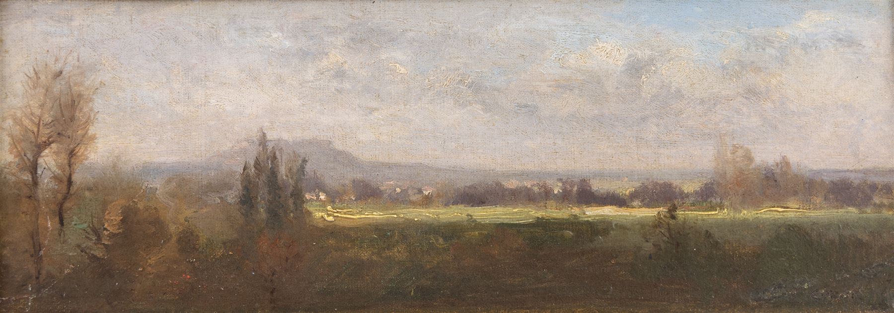 Circle of Jean-Baptiste-Camille Corot (French 1796-1875): View of a Distant Mountain, oil on canvas bearing signature, inscribed verso 'From the collection of Alexandre Dumas, Fils. Mrs W.D. Harbison of Jersey, a relative of Alexandre Dumas, Fils.' 8.5cm x 23cm 