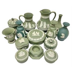Collection of  Wedgwood green Jasperware, to include large jug, vases, trinket dishes, etc together with two teal Jasperware vases 