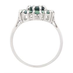 18ct white gold green sapphire cluster ring, oval cut sapphire of approx 1.40 carat, surrounded by ten round cut sapphires, Birmingham 2005, total sapphire weight approx 2.40 carat
