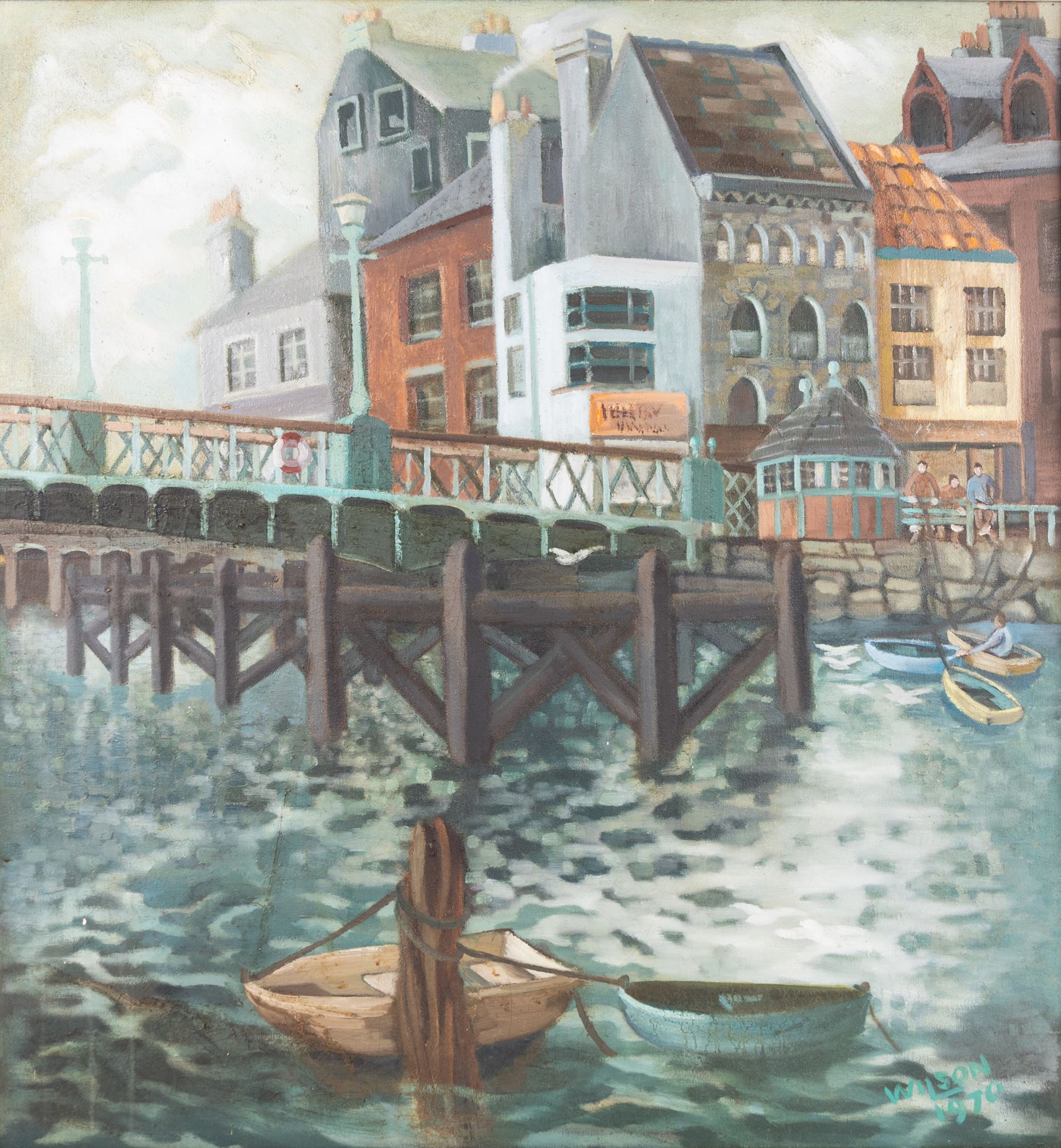 RA Wilson (British Mid-20th century): 'Whitby Harbour from Sandgate', oil on canvas signed and dated 1970, titled on label verso 75cm x 70cm