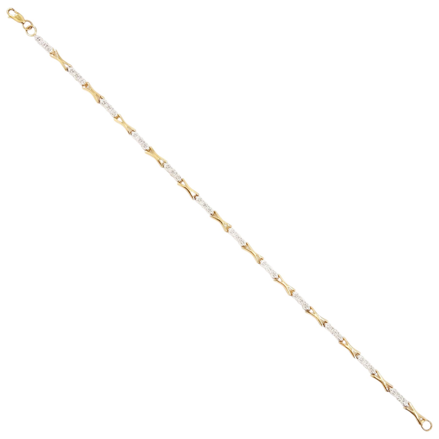 9ct gold diamond bracelet, twelve links set with three diamond chips, each spaced by a gold crossover link, hallmarked