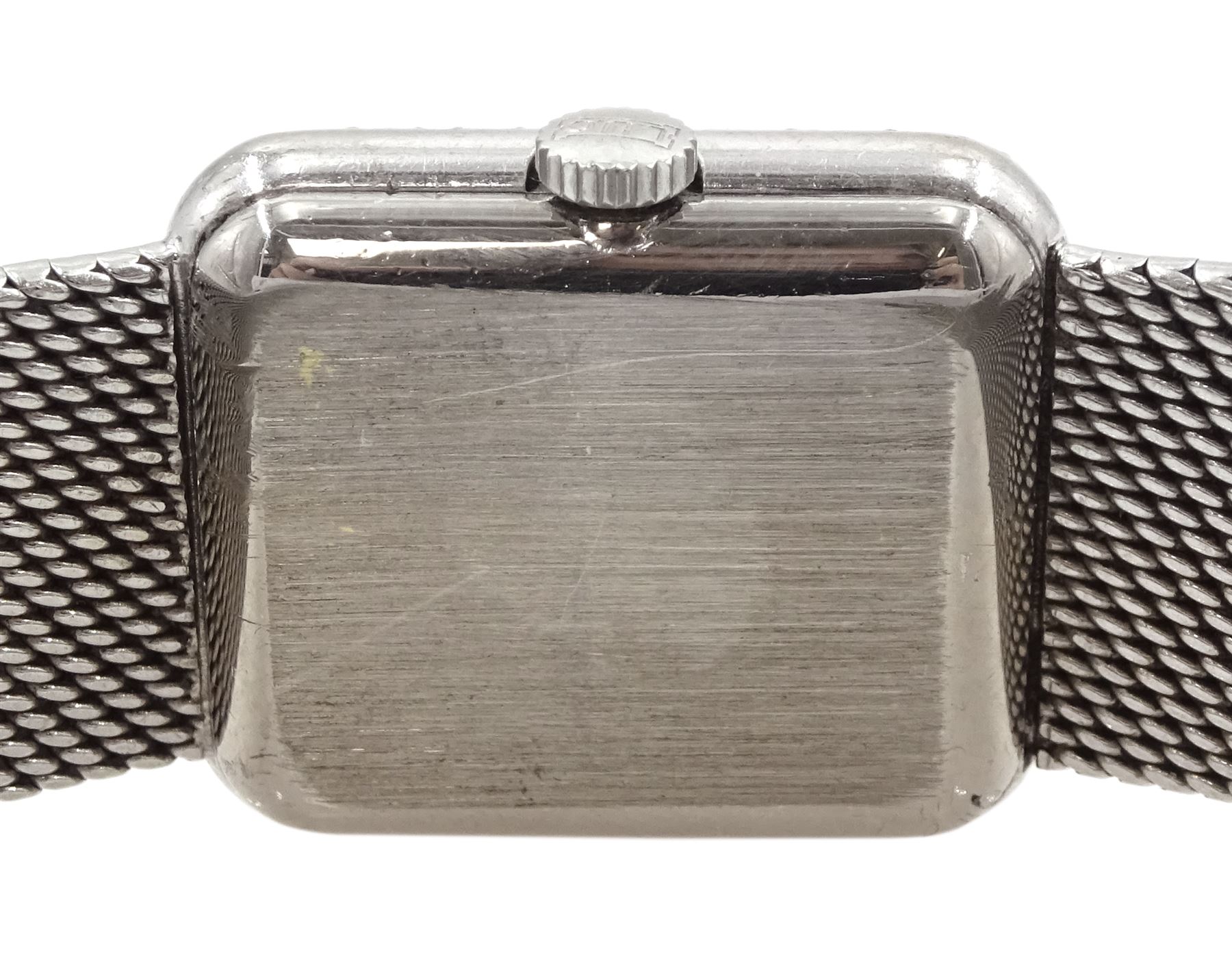 Tiffany & Co ladies 18ct white gold manual wind wristwatch, movement by Chopard, diamond and sapphire bezel, case stamped 18K with Helvetia hallmark, on 18ct white gold integral bracelet, stamped 750