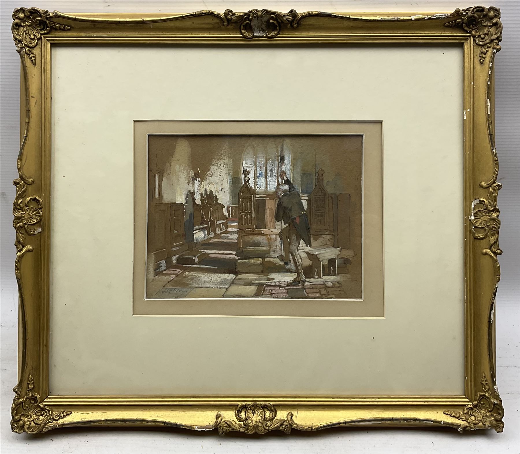 James Lobley (British 1828-1888): Gentleman Taking a Rest in the Church, watercolour signed 15cm x 20cm 