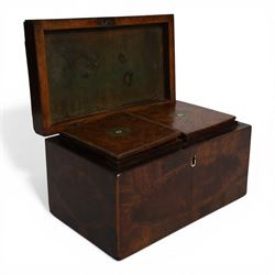 19th century tea caddy of rectangular form, with brass handle, the hinged lid opening to  reveal two compartments, with lids of burr wood veneer with inlaid floral decoration, H12cm, L20cm, H12cm