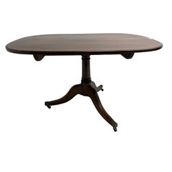 George III mahogany pedestal table, moulded tilt-top on turned column, three splayed supports with brass cups and castors