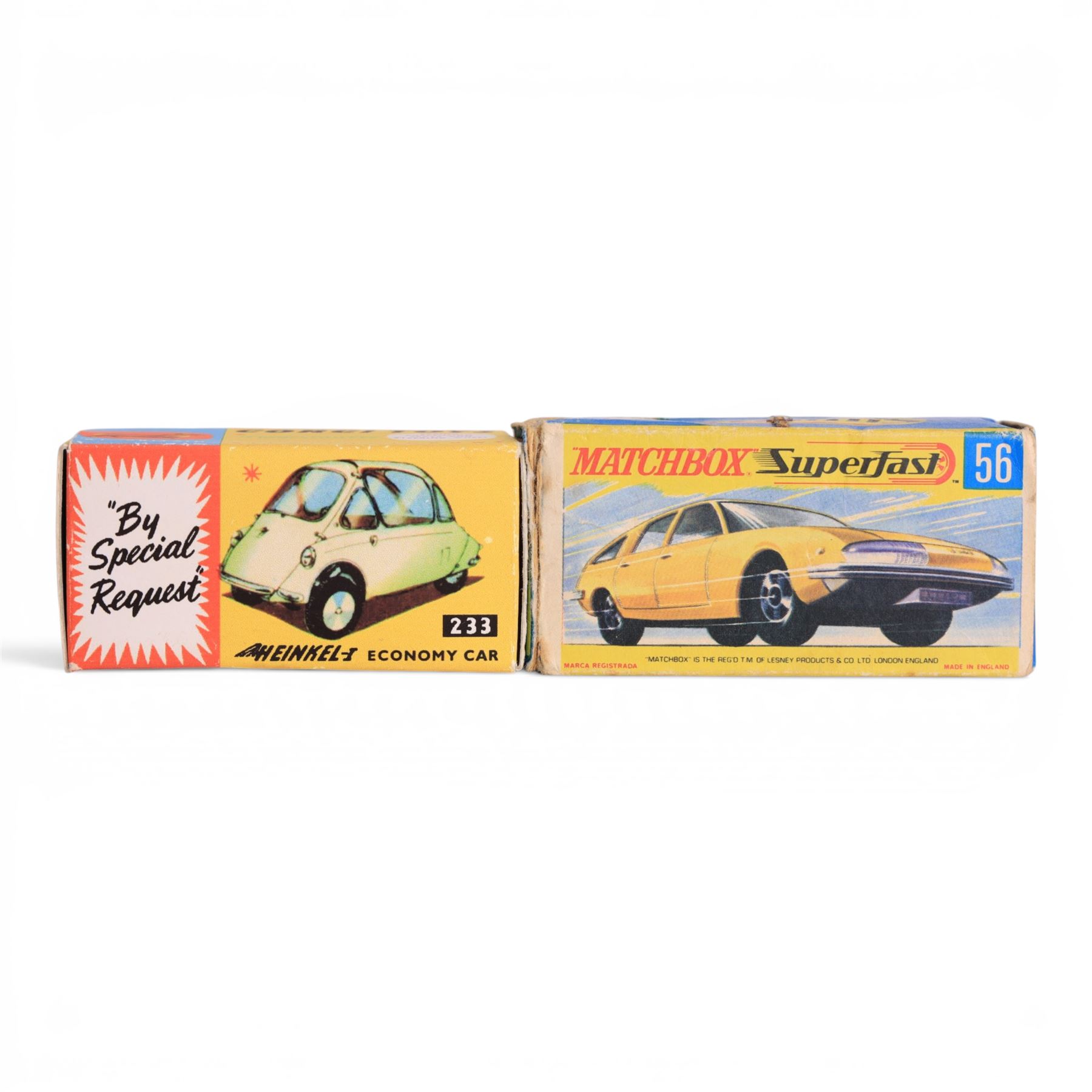 Eight diecast model cars, comprising Corgi Toys no. 233 Heinkel Economy Car with orange body, two Matchbox Superfast examples no. 56 BMC 1800 Pininfarina and no. 68 Porsche 910m two Matchbox Series Moko Lesney examples no. 54 and no. 73 and three Matchbox examples no. 27 Mercedes Benz 230SL, no. 38 Camper and no. 17 The Londoner, all boxed