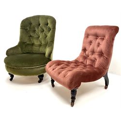 Victorian nursing chair upholstered in buttoned green fabric on turned supports (W70cm) and a Victorian nursing chair upholstered in coral fabric, turned supports (W50cm)