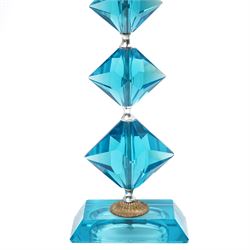 Mid 20th century table lamp formed as three graduated turquoise cut glass diamond shape sections on a rectangular base H46cm excluding fitting and a similar smaller lamp (2)