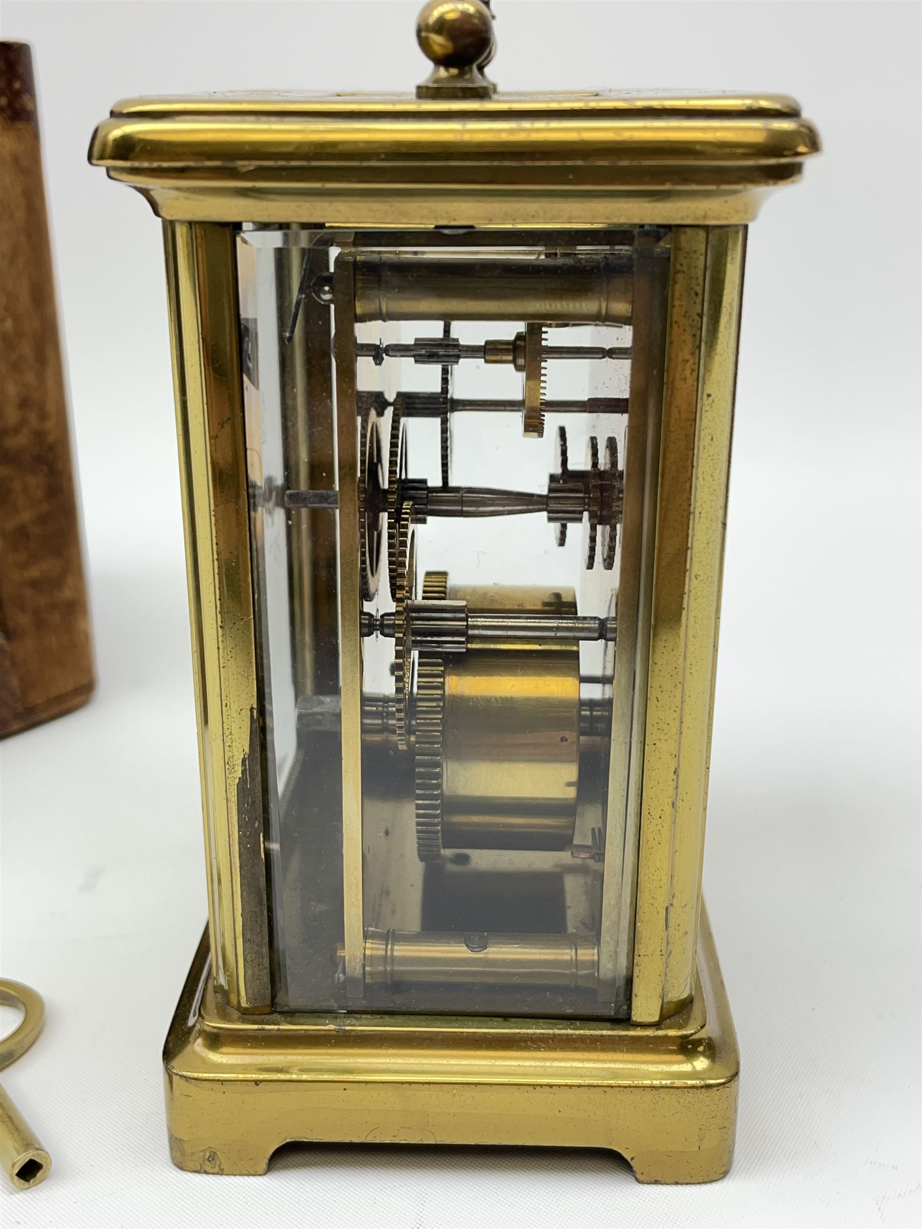 Early 20th century brass carriage clock time piece, white enamel Roman dial, single train driven movement 