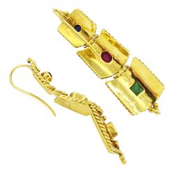 Gold emerald, ruby and sapphire pendant earrings, each three graduating panels set with a cabochon sapphire, oval cut ruby and square cut emerald