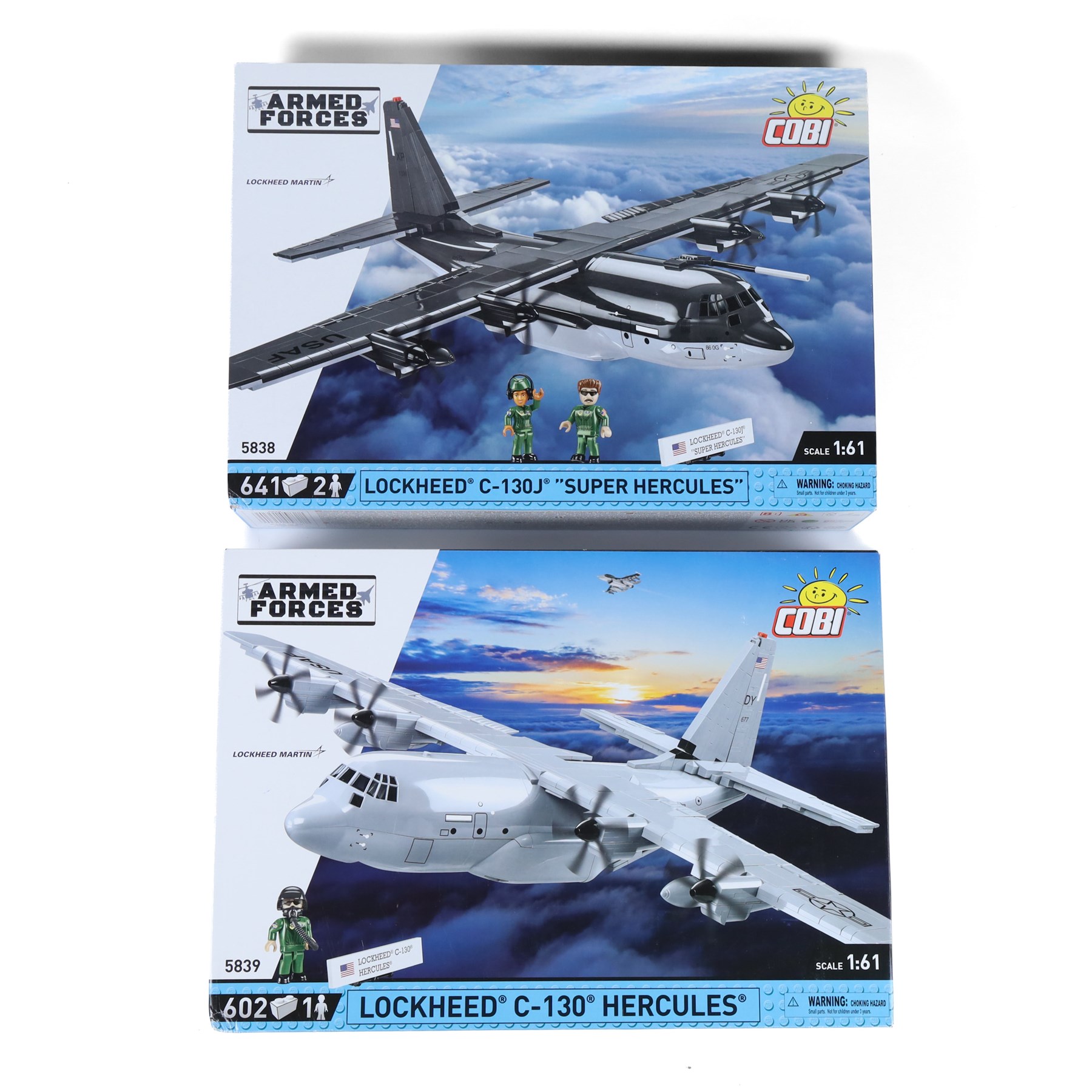 Two Cobi Bricks 1:61 scale Armed Forces model aircraft sets, comprising no. 5838 Lockheed C-130J 'Super Hercules' and no. 5839 Lockheed C-130 'Hercules', both in sealed boxes