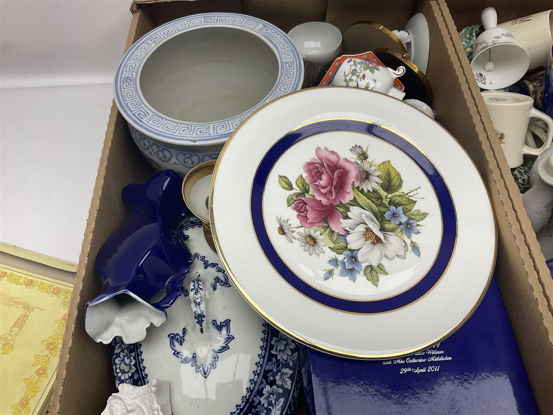 Sadler Celery face pot, Noritake planter, Ringtons blue and white jar, Royal commemorative ware, and a collection of other ceramics, in two boxes 